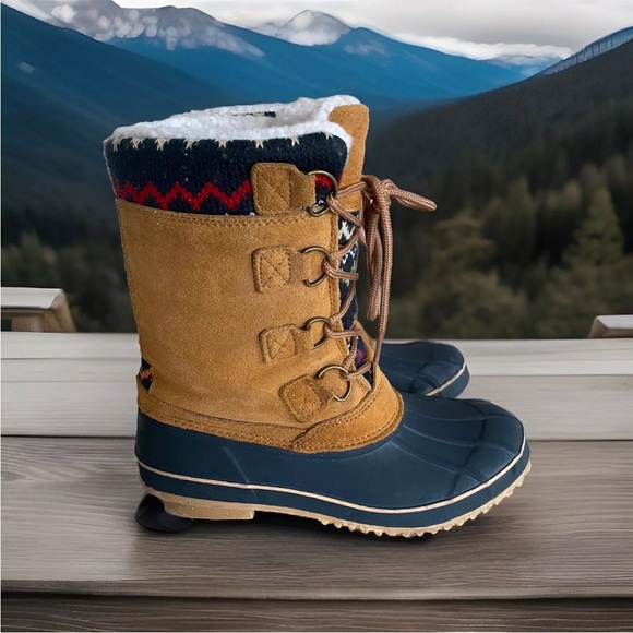 KHOMBU KRISTIE Brown Suede Sherpa Lined Nordic Knit Snow Duck Boots Size 8 - Picture 3 of 13